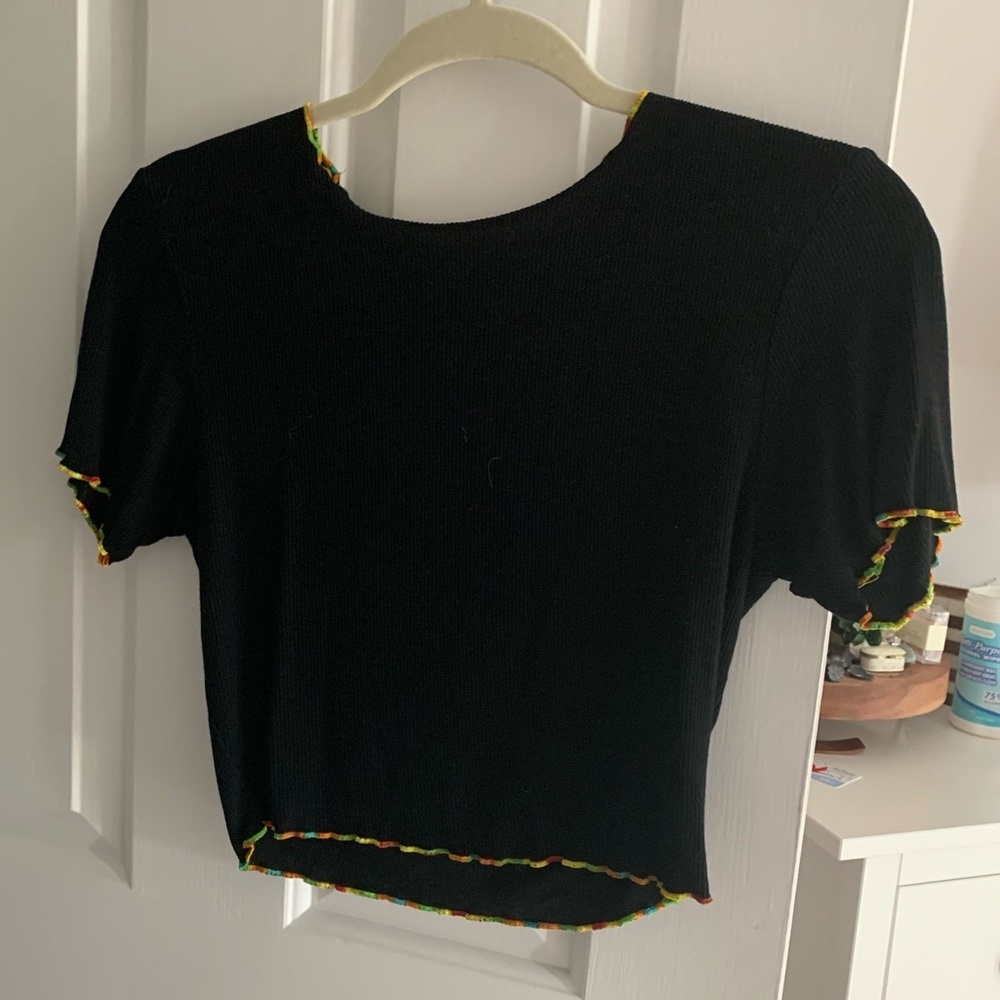 black top with rainbow lettuce hem